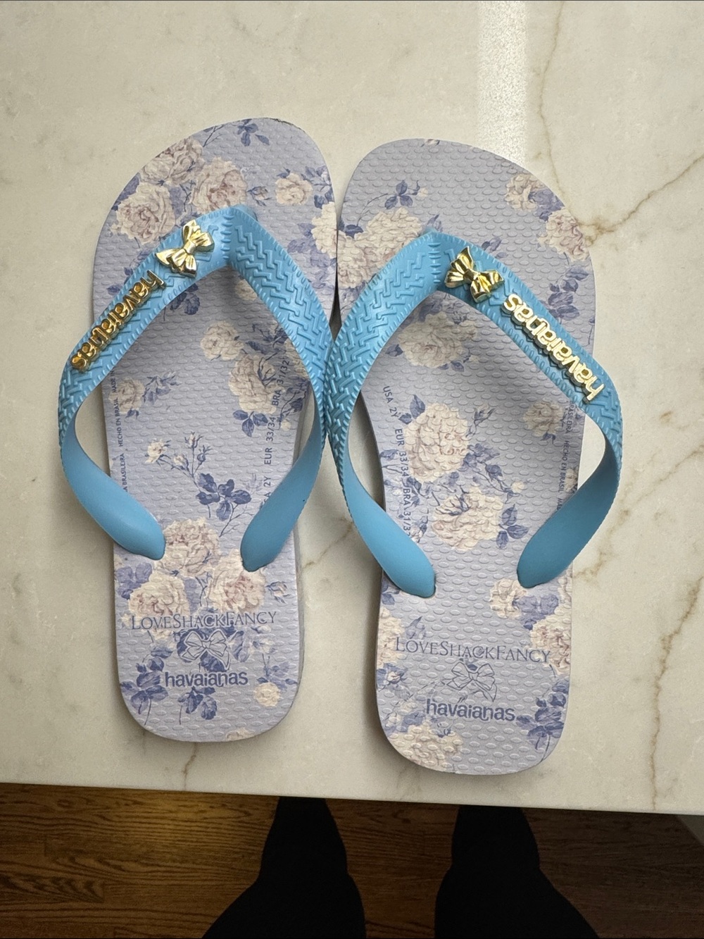 Love Shack Fancy/ Havaianas Blue Floral Flip Flops with Gold Accents